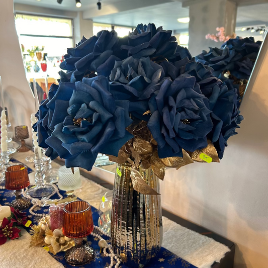 Trandafir Artificial Albastru cu Tijă Aurie 55 cm - Aspect Catifelat