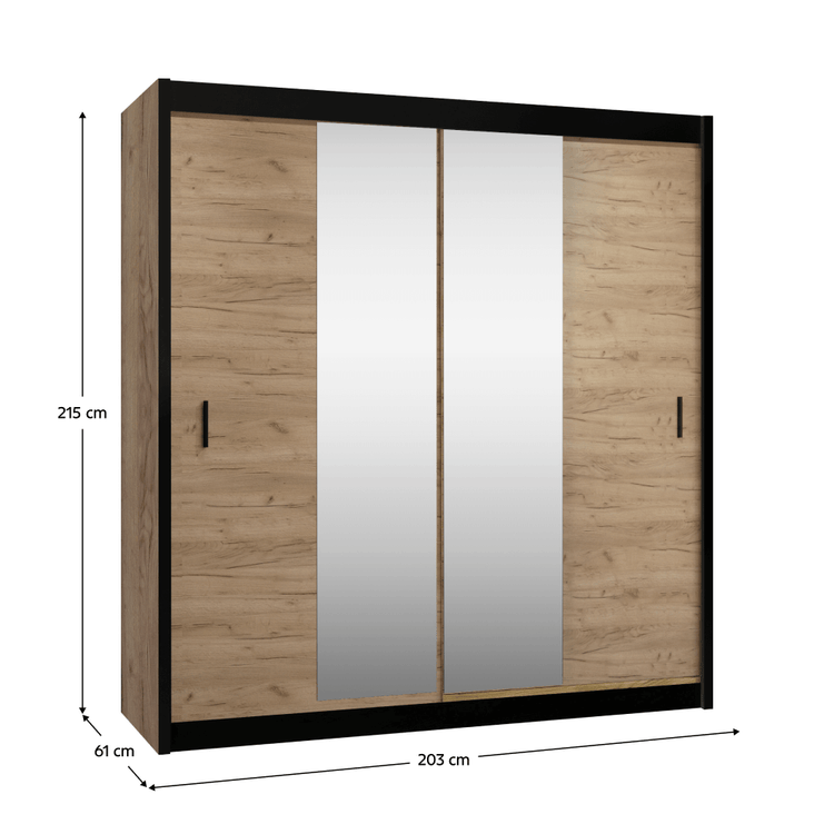 Dulap CRAFT cu usi glisante si oglinda, negru / stejar craft, 203x61x215 cm
