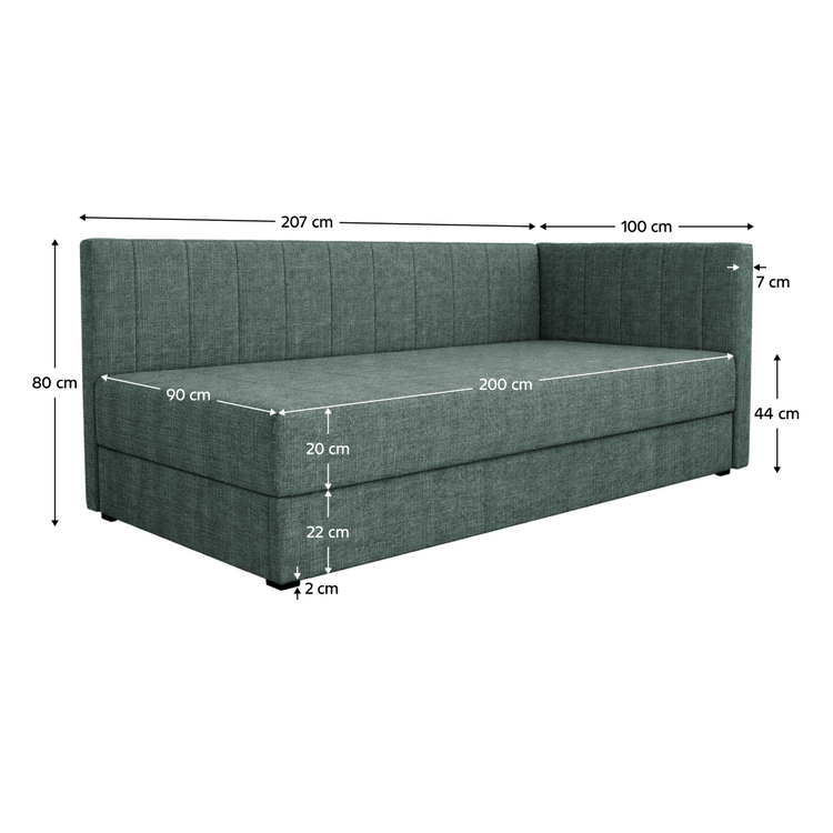 Pat de colt LUIZA 90x200 cm, verde, cu spatiu de depozitare