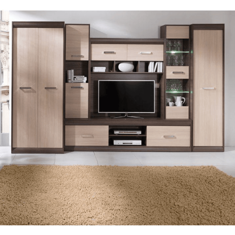 Mobilier living KORINA 330x200 cm, stejar inchis/deschis, manere argintii. PAL melaminat + MDF 16 mm. La comanda, livrare 2-3 saptamani.