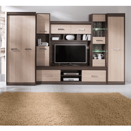 Mobilier living KORINA 330x200 cm, stejar inchis/deschis, manere argintii. PAL melaminat + MDF 16 mm. La comanda, livrare 2-3 saptamani.