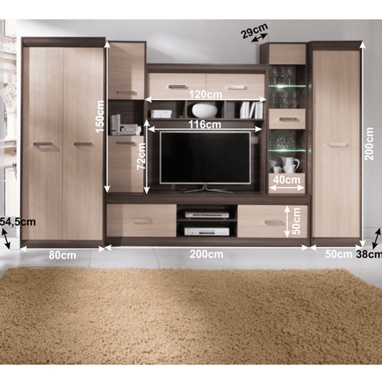 Mobilier living KORINA 330x200 cm, stejar inchis/deschis, manere argintii. PAL melaminat + MDF 16 mm. La comanda, livrare 2-3 saptamani.